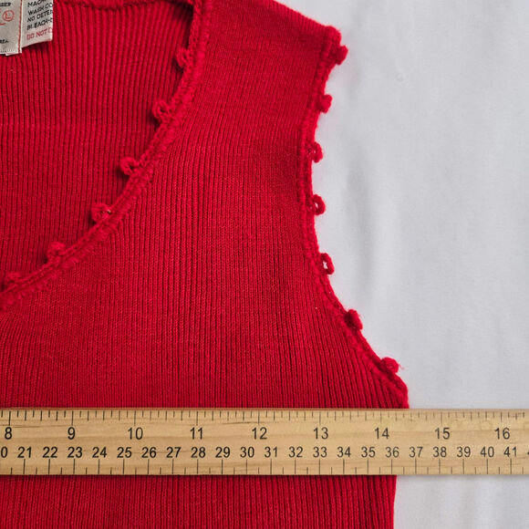 Kimlon Vintage 60s 70s Womens Cottage Red Button-Up Knit Vest w/ Ruffled Trim L - Picture 9 of 10